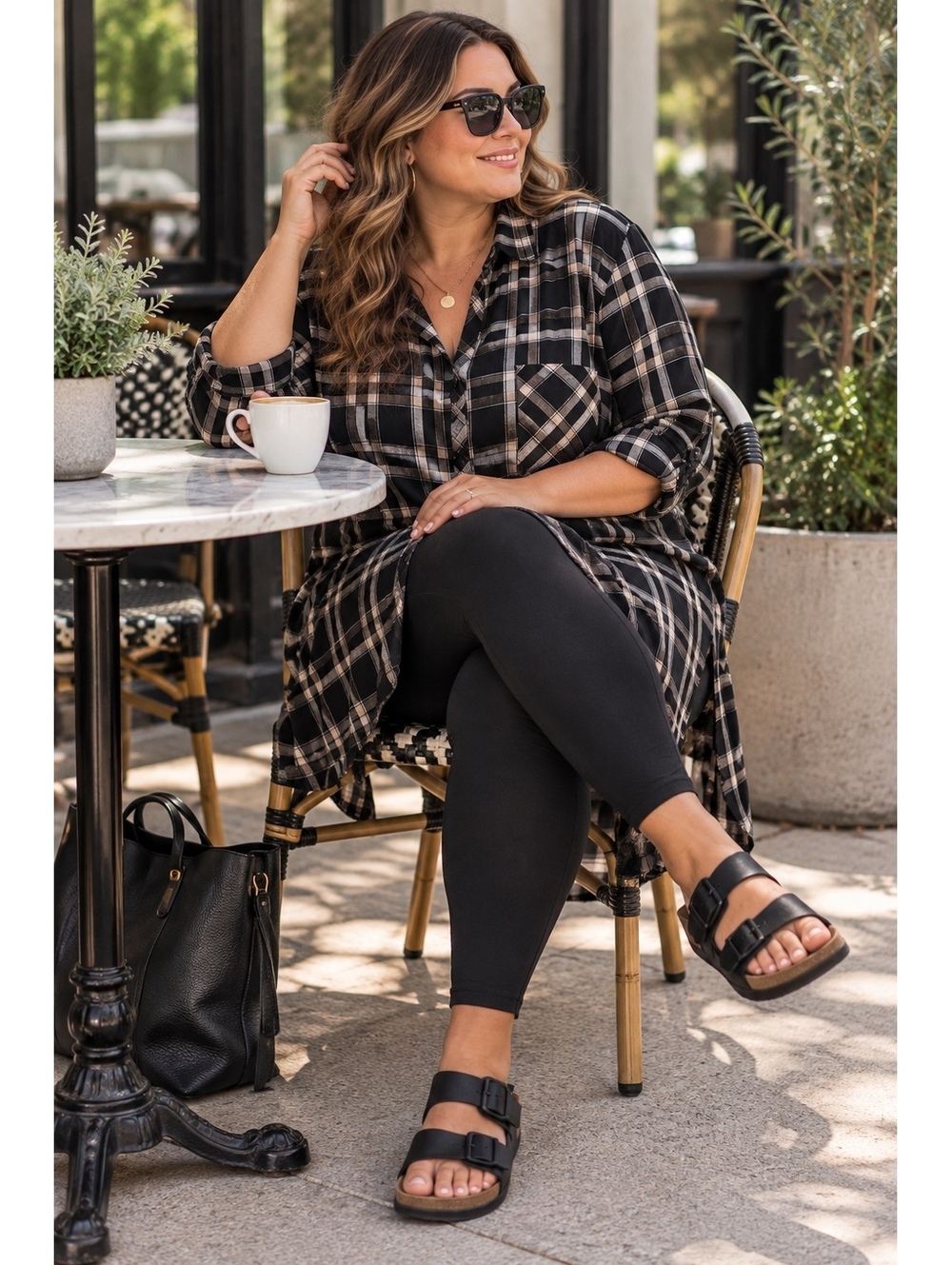 G. By Guliana Black and Beige Plaid Button-Up Shirt Dress with Pocket - Picture 2 of 11